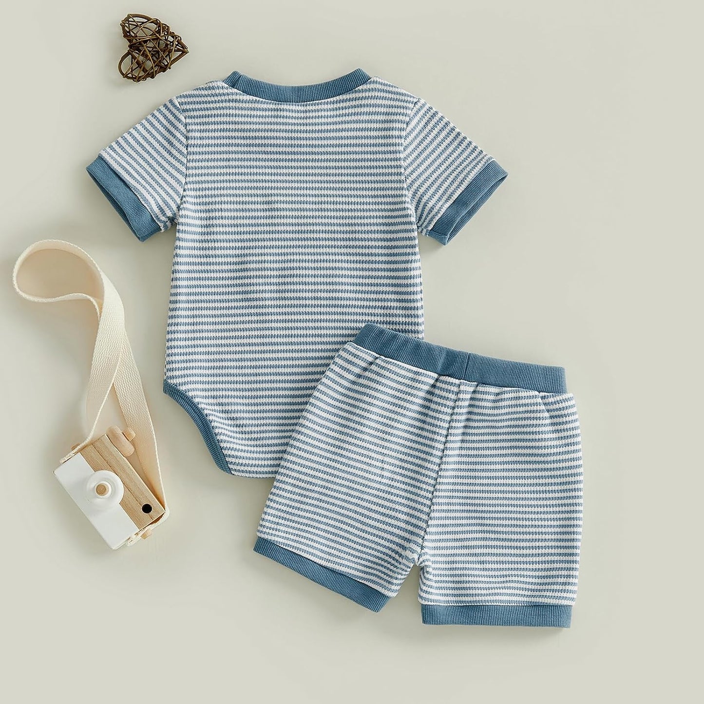 Mamas Boy Baby Clothes Summer Newborn 3 6 9 12 Months Striped Waffle Knit Short Sleeve Romper Shorts Set Outfit