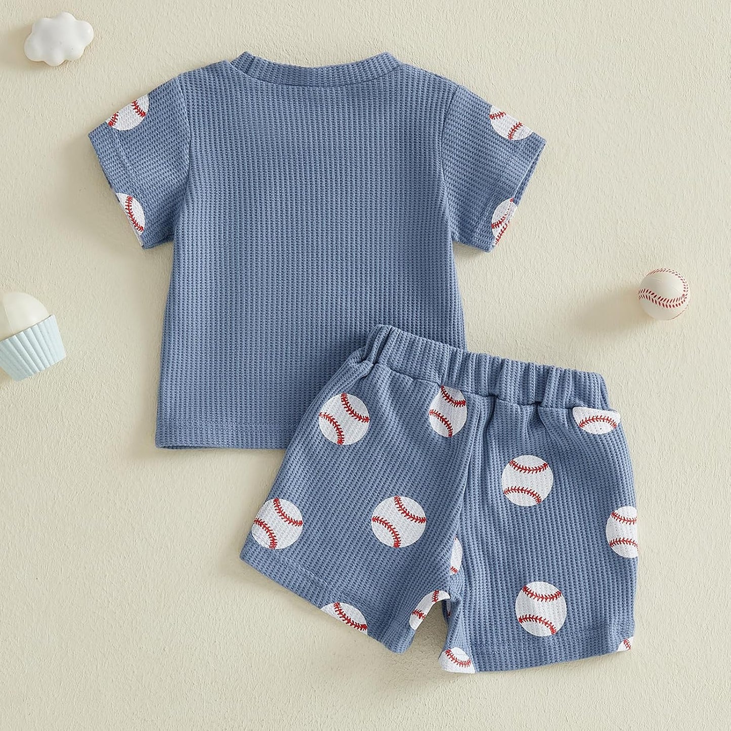 Toddler Baby Boy Clothes Summer Baseball Outfits Waffle Knit Play Ball Embroidery Crewneck T-Shirt + Shorts Set