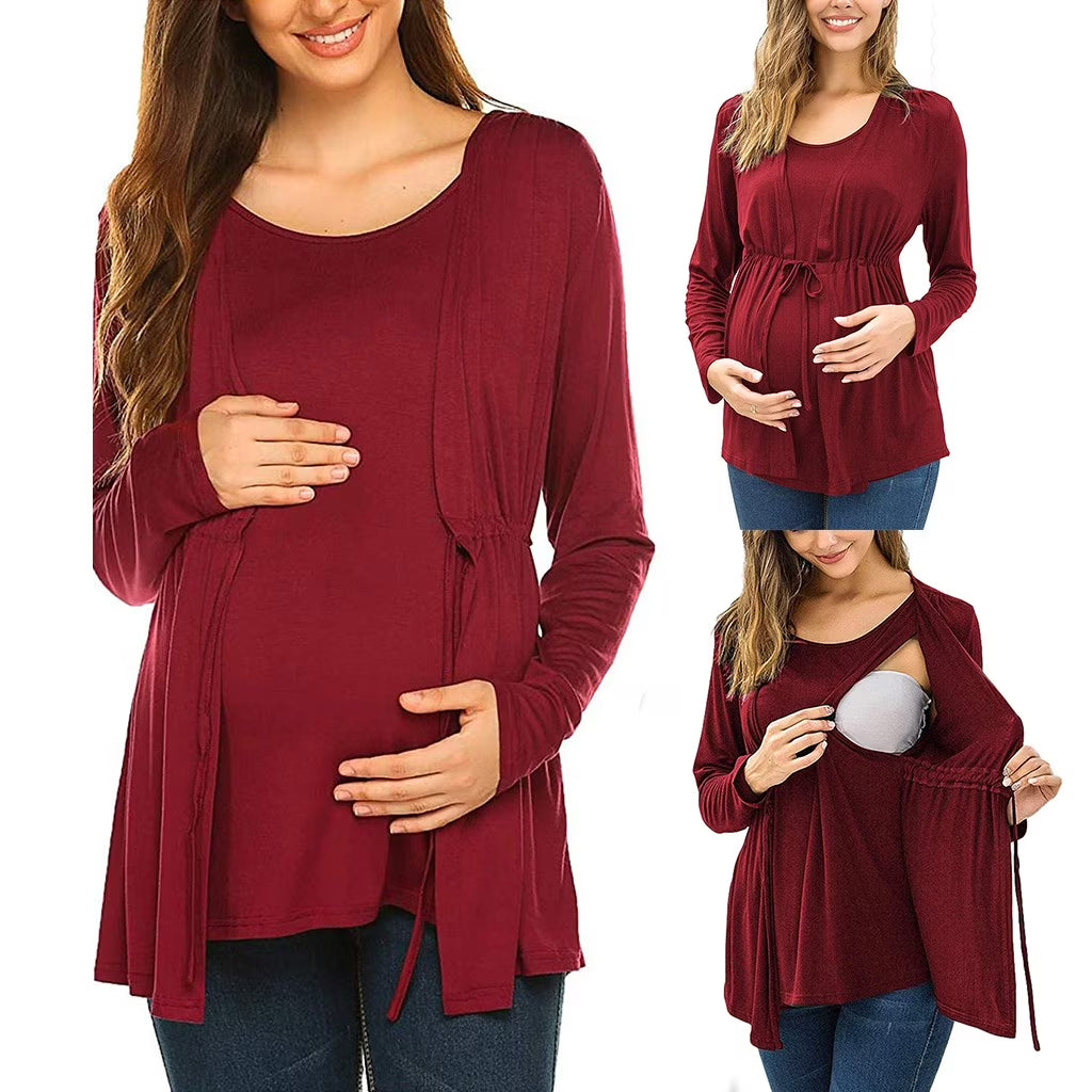 Maternity Tops Women Maternity Long Sleeve Double Layer Nursing Tops T Shirt for Breastfeeding Wine,S