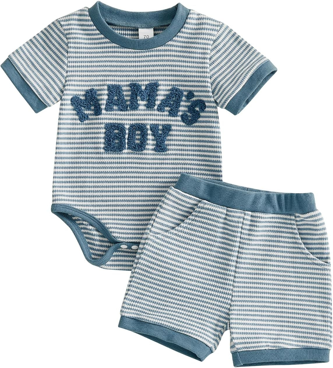 Mamas Boy Baby Clothes​ Summer Newborn 3 6 9 12 Months Striped Waffle Knit Short Sleeve Romper Shorts Set Outfit