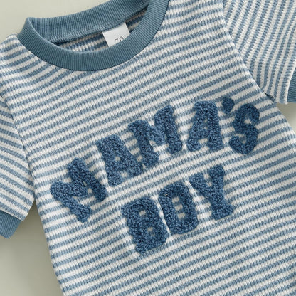 Mamas Boy Baby Clothes​ Summer Newborn 3 6 9 12 Months Striped Waffle Knit Short Sleeve Romper Shorts Set Outfit