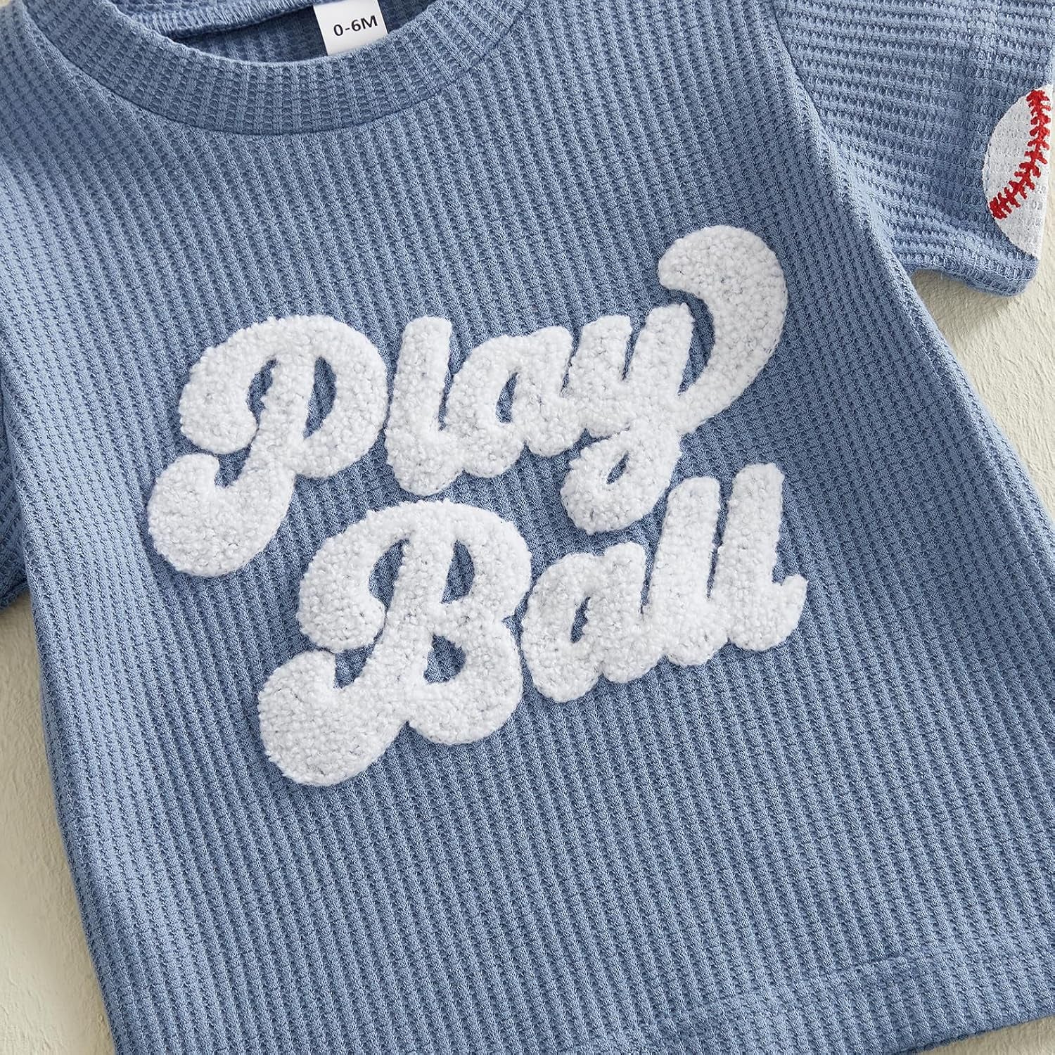 Toddler Baby Boy Clothes Summer Baseball Outfits Waffle Knit Play Ball Embroidery Crewneck T-Shirt + Shorts Set