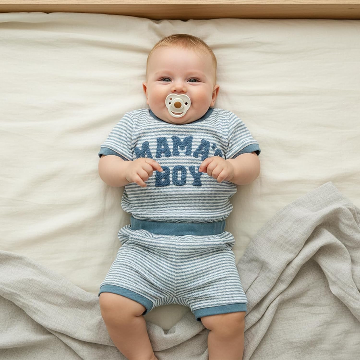 Mamas Boy Baby Clothes​ Summer Newborn 3 6 9 12 Months Striped Waffle Knit Short Sleeve Romper Shorts Set Outfit