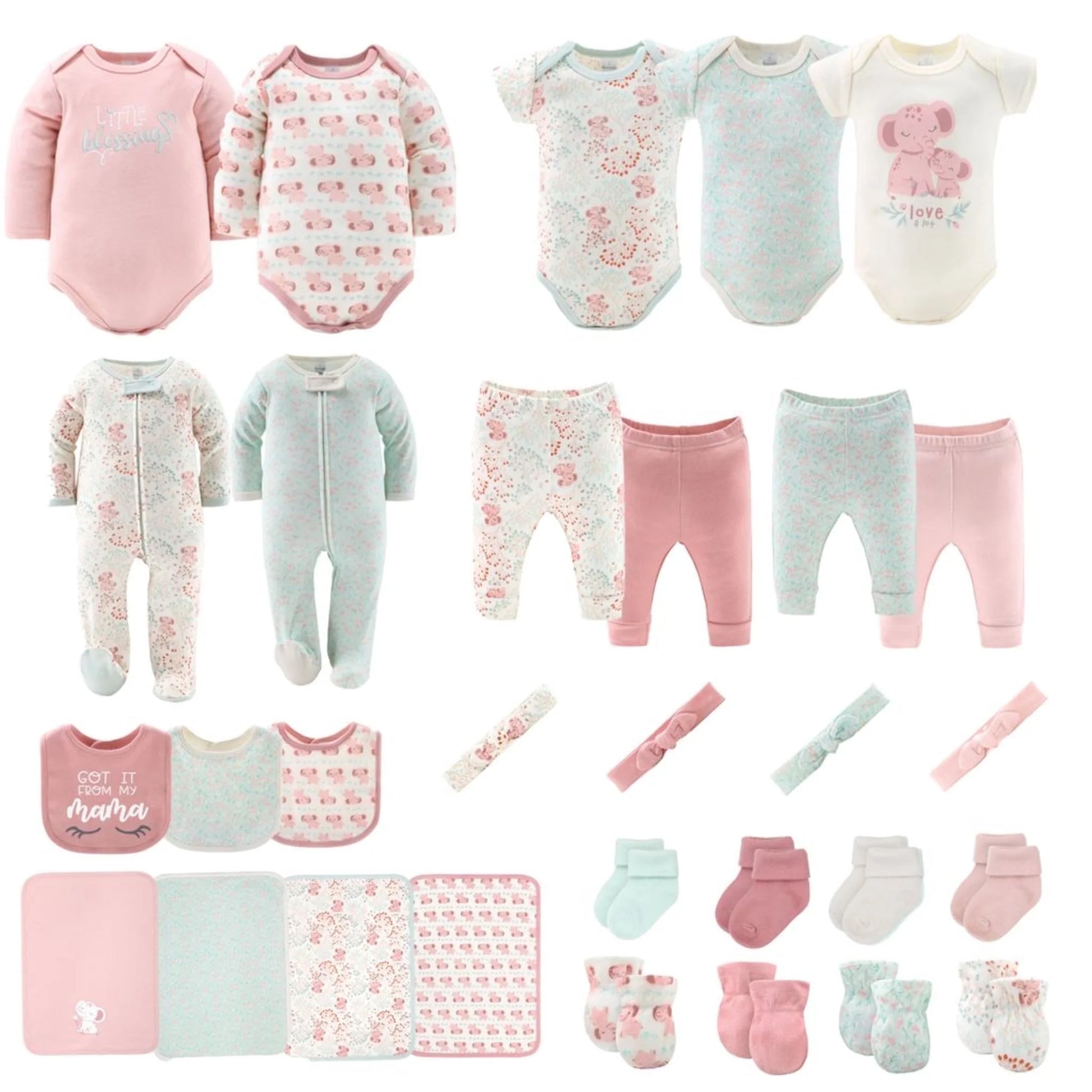 16-Piece Baby Layette Newborn Clothing Gift Set for 6 to 9 Months, Floral Elephant
