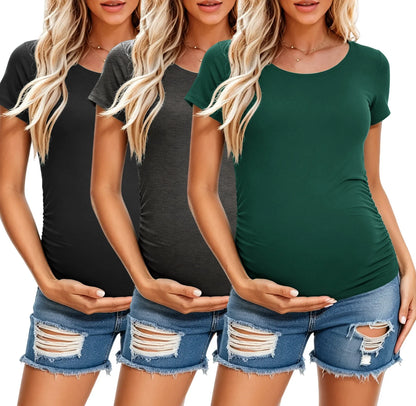 Women'S Short Sleeve Maternity Shirt Side Ruched Pregnancy Tunic T-Shirt 3-Pack