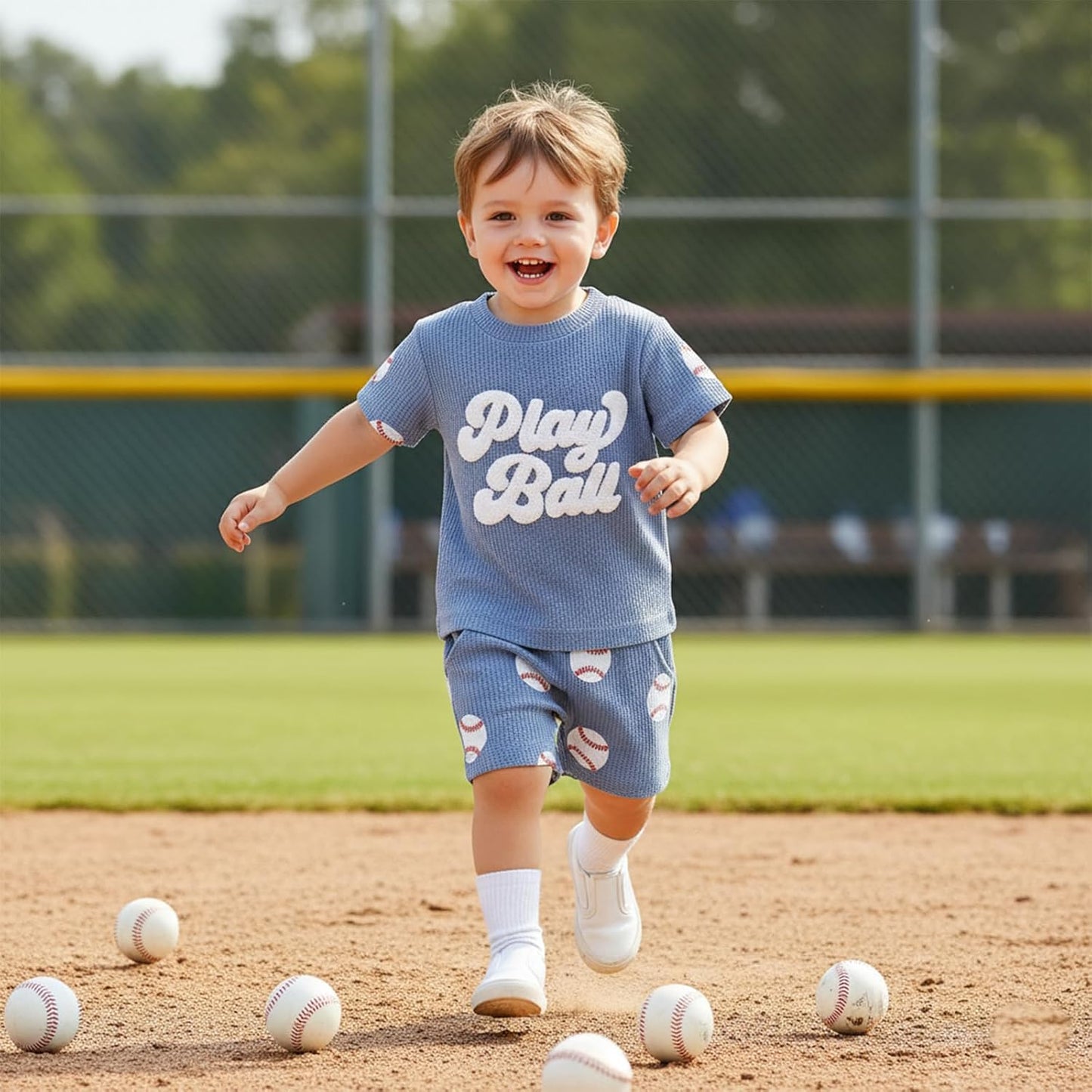 Toddler Baby Boy Clothes Summer Baseball Outfits Waffle Knit Play Ball Embroidery Crewneck T-Shirt + Shorts Set