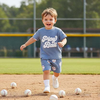 Toddler Baby Boy Clothes Summer Baseball Outfits Waffle Knit Play Ball Embroidery Crewneck T-Shirt + Shorts Set