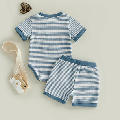 Mamas Boy Baby Clothes​ Summer Newborn 3 6 9 12 Months Striped Waffle Knit Short Sleeve Romper Shorts Set Outfit