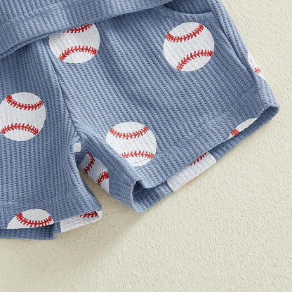 Toddler Baby Boy Clothes Summer Baseball Outfits Waffle Knit Play Ball Embroidery Crewneck T-Shirt + Shorts Set