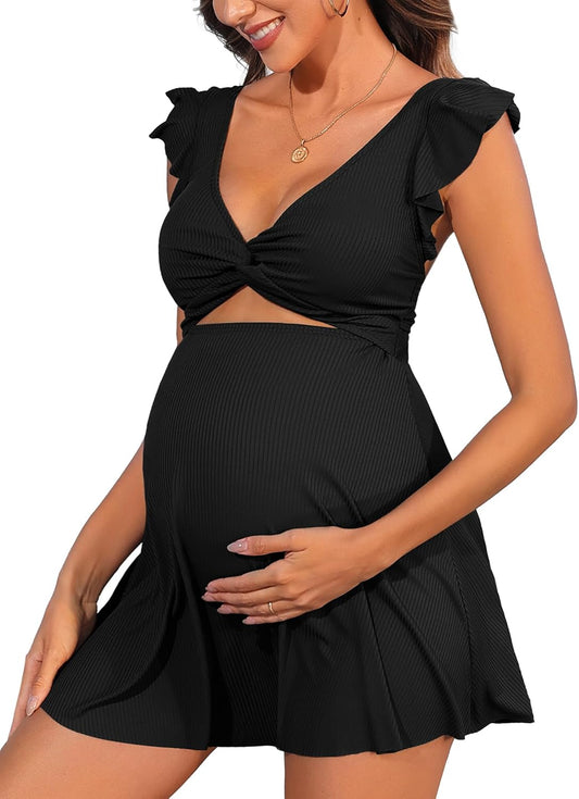 Ruffle Ribbed Maternity Swimsuit One Piece Cutout Pregnancy Bathing Suits Push up Twisted Swimwear Swim Dress