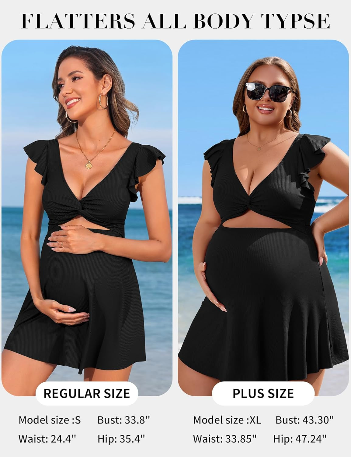 Ruffle Ribbed Maternity Swimsuit One Piece Cutout Pregnancy Bathing Suits Push up Twisted Swimwear Swim Dress