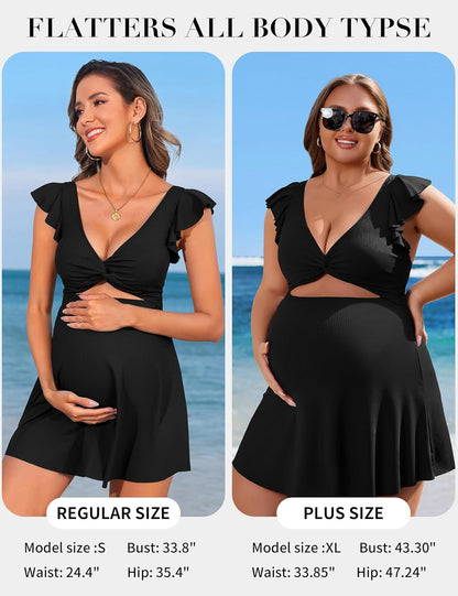 Ruffle Ribbed Maternity Swimsuit One Piece Cutout Pregnancy Bathing Suits Push up Twisted Swimwear Swim Dress