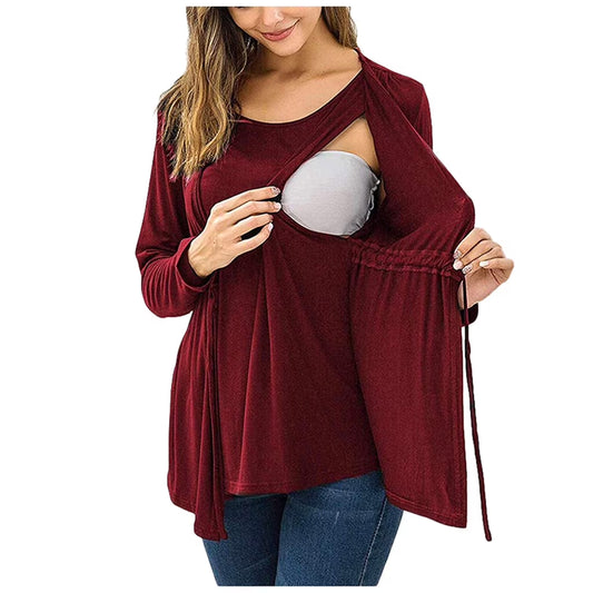 Maternity Tops Women Maternity Long Sleeve Double Layer Nursing Tops T Shirt for Breastfeeding Wine,S