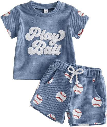 Toddler Baby Boy Clothes Summer Baseball Outfits Waffle Knit Play Ball Embroidery Crewneck T-Shirt + Shorts Set