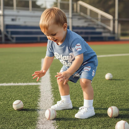 Toddler Baby Boy Clothes Summer Baseball Outfits Waffle Knit Play Ball Embroidery Crewneck T-Shirt + Shorts Set