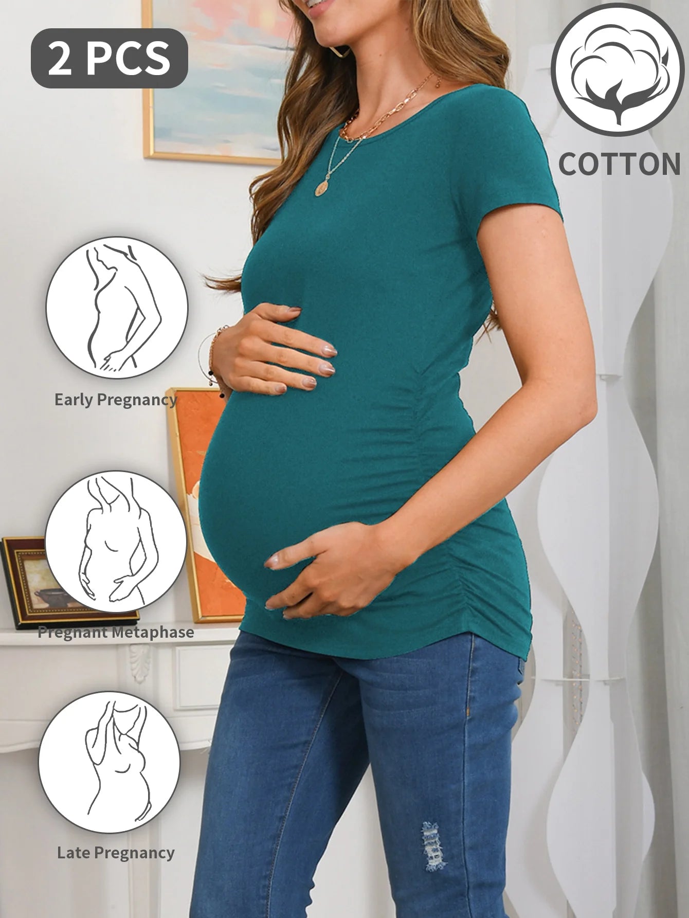 Women’S Cotton Breathable Short Sleeve Maternity Shirt Casual Side Ruched Tunic Pregnancy Top Clothes 2-Pack
