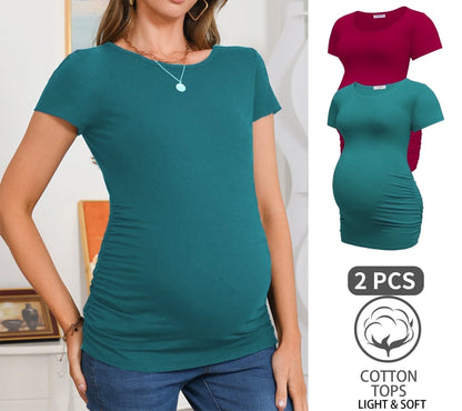 Women’S Cotton Breathable Short Sleeve Maternity Shirt Casual Side Ruched Tunic Pregnancy Top Clothes 2-Pack