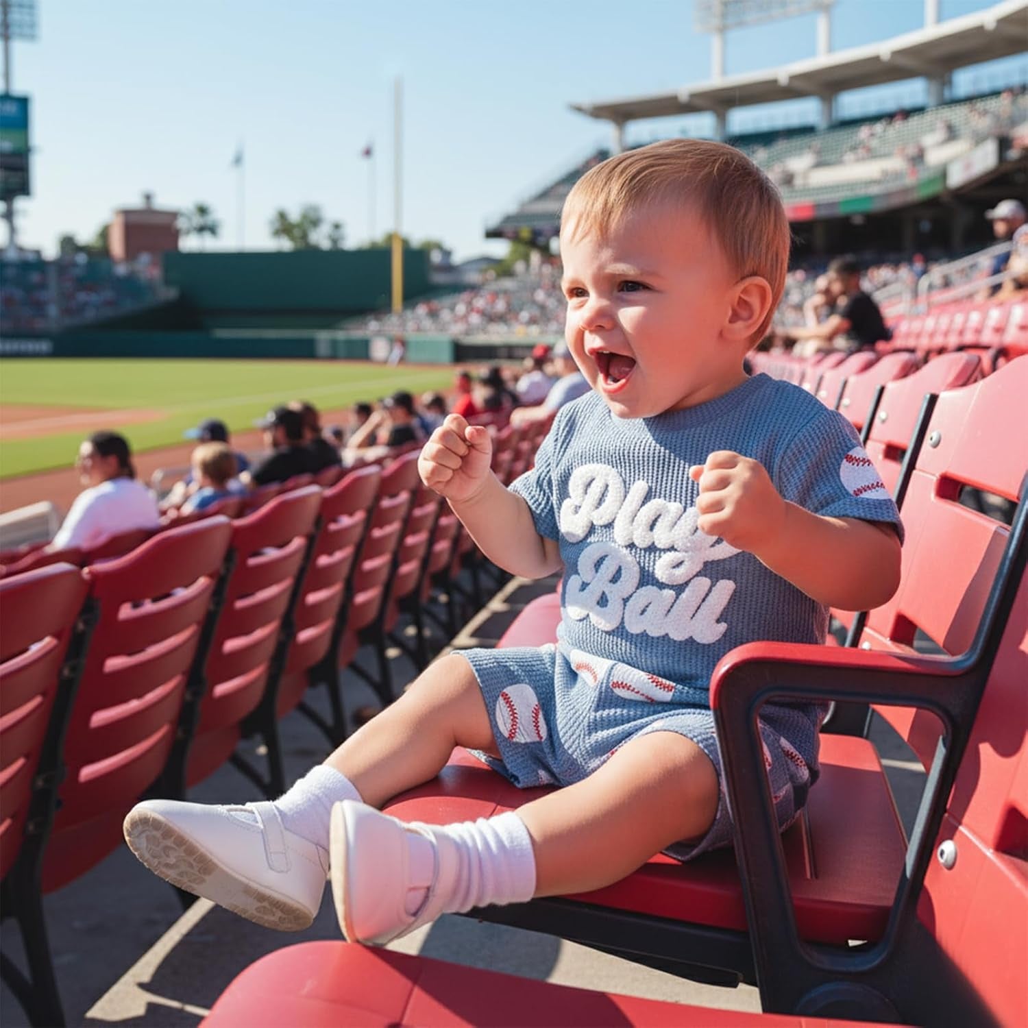 Toddler Baby Boy Clothes Summer Baseball Outfits Waffle Knit Play Ball Embroidery Crewneck T-Shirt + Shorts Set