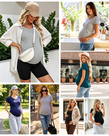 Women'S Short Sleeve Maternity Shirt Side Ruched Pregnancy Tunic T-Shirt 3-Pack